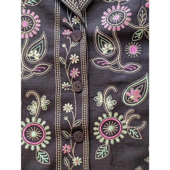 VTG Silkland S Women 100% Silk Brown Floral Jacket Embroidered Collared Lined - Picture 11 of 15